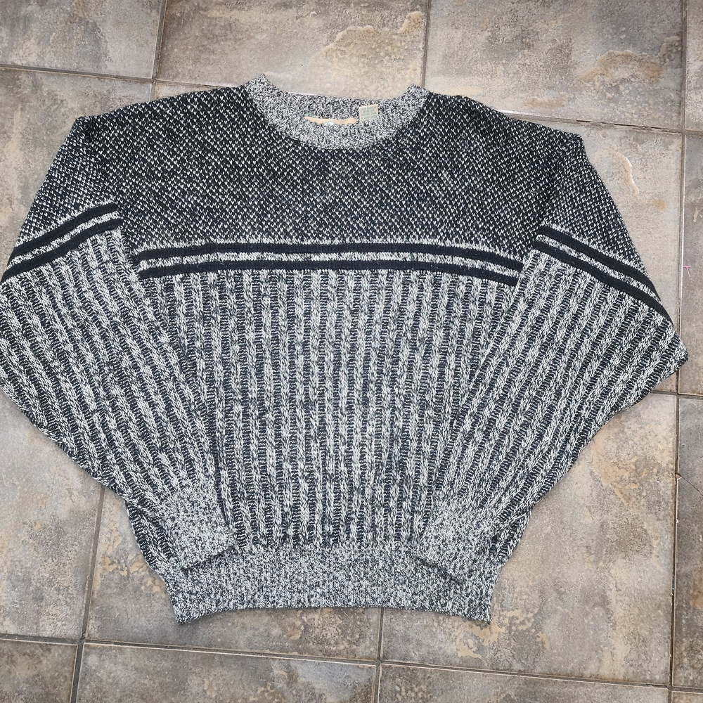 Vintage 90s Weekends Men's Medium Gray Striped Grandpa Crewneck Sweater